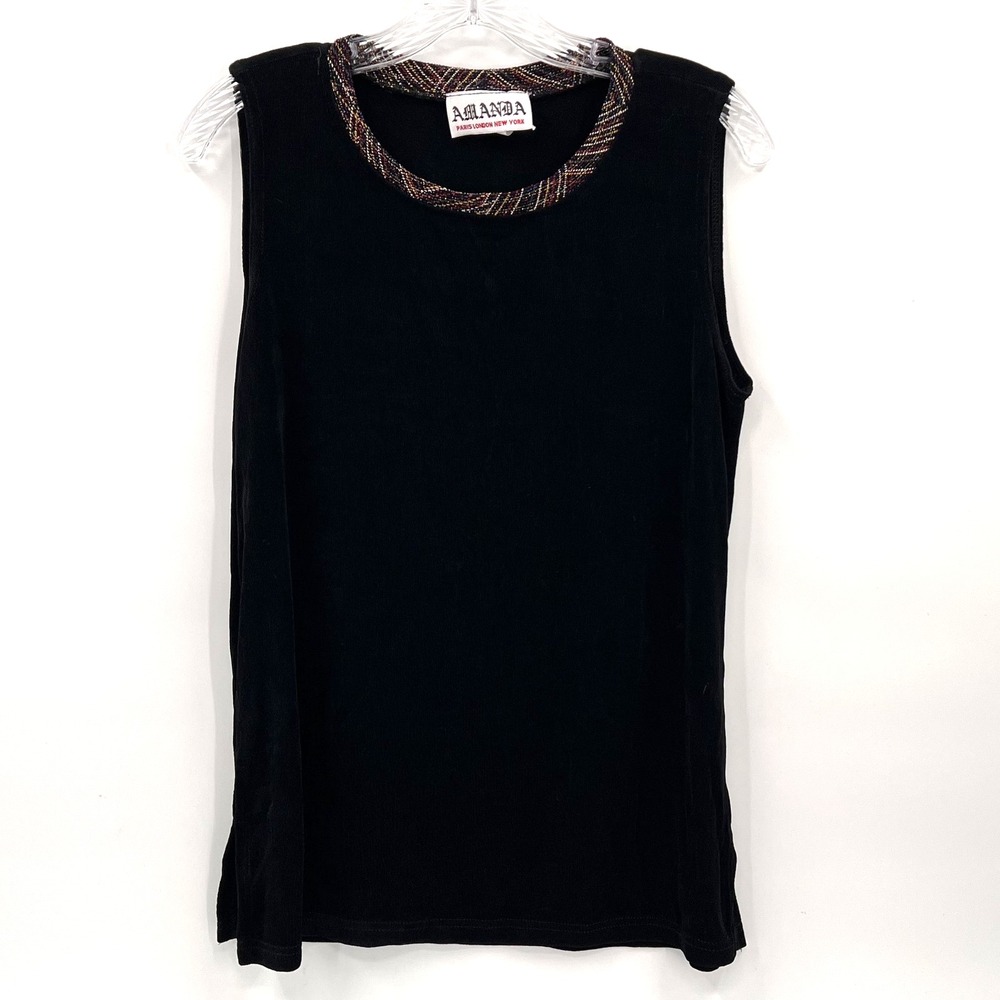 AMANDA Women's Sz M Vintage USA Black Knit Sleeveless Top Glitter Thread Holiday